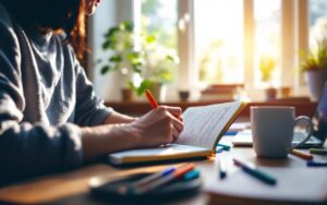 etudiant-revisant-a-un-bureau-en-bois-pres-dune-fenetre-carnet-ouvert-et-stylos-eparpilles-ordinateur-ferme-et-tasse-a-cote-lumiere-douce-du-matin-et-ambiance-calme