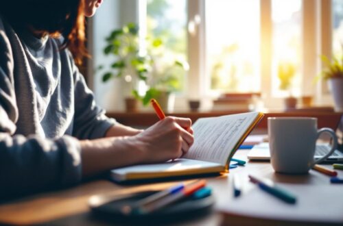 etudiant-revisant-a-un-bureau-en-bois-pres-dune-fenetre-carnet-ouvert-et-stylos-eparpilles-ordinateur-ferme-et-tasse-a-cote-lumiere-douce-du-matin-et-ambiance-calme