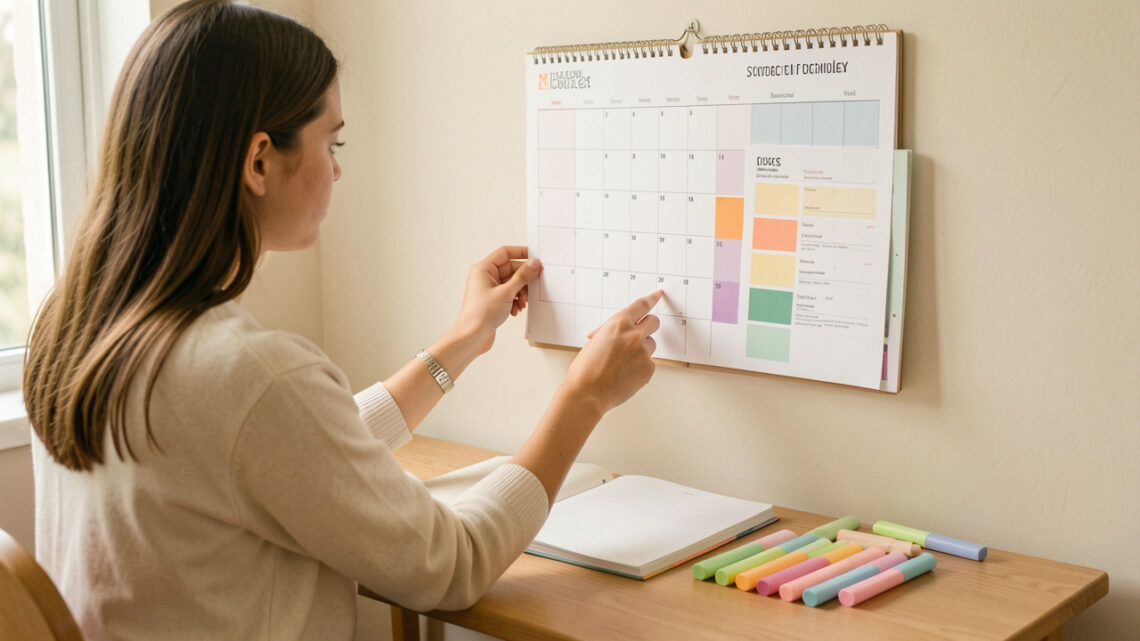 Jeune étudiante organisant ses révisions devant un calendrier scolaire mural vierge, avec un agenda ouvert, des fiches colorées et des surligneurs sur un bureau éclairé par la lumière naturelle.