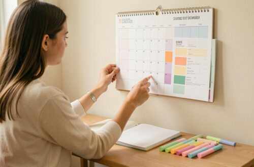 Jeune étudiante organisant ses révisions devant un calendrier scolaire mural vierge, avec un agenda ouvert, des fiches colorées et des surligneurs sur un bureau éclairé par la lumière naturelle.