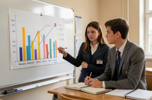 Deux étudiants en classe préparatoire analysent attentivement un tableau abstrait de résultats dans une salle de cours à l’ambiance studieuse.
