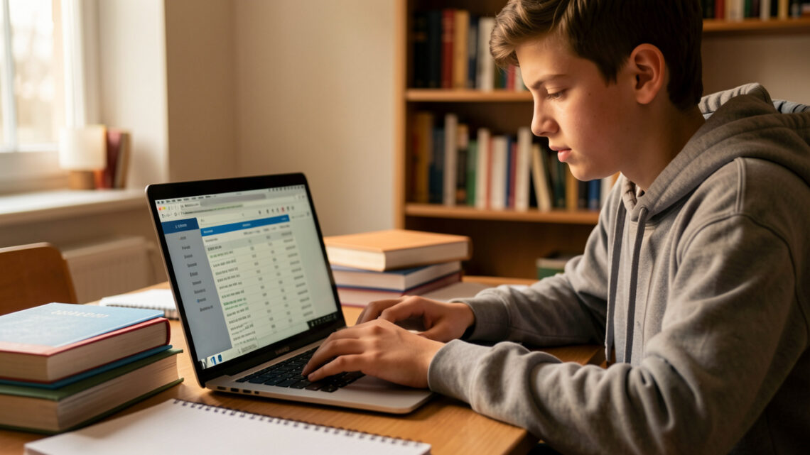 Un lycéen consulte ses résultats sur un ordinateur portable dans une salle d’étude, éclairage chaleureux, ambiance calme et documentaire.