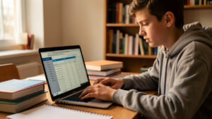 Un lycéen consulte ses résultats sur un ordinateur portable dans une salle d’étude, éclairage chaleureux, ambiance calme et documentaire.