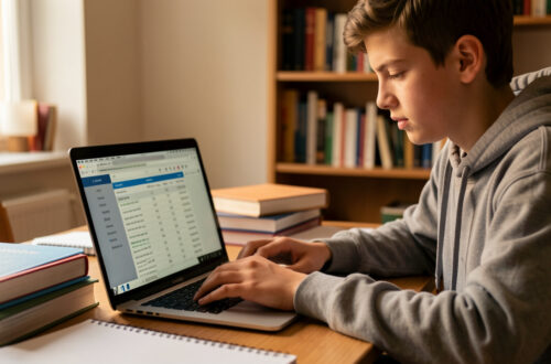 Un lycéen consulte ses résultats sur un ordinateur portable dans une salle d’étude, éclairage chaleureux, ambiance calme et documentaire.
