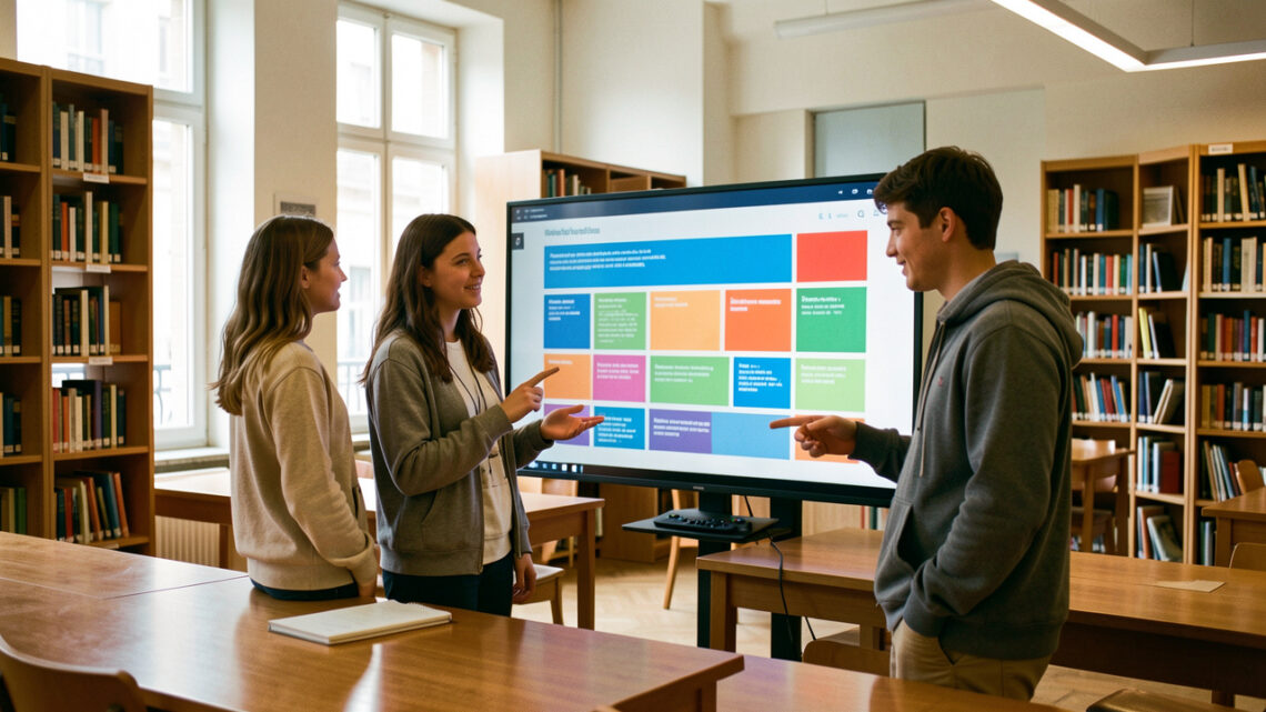 Une jeune femme et un jeune homme consultent une interface visuelle abstraite sur un grand écran dans une bibliothèque universitaire moderne à l’ambiance académique française.