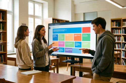 Une jeune femme et un jeune homme consultent une interface visuelle abstraite sur un grand écran dans une bibliothèque universitaire moderne à l’ambiance académique française.