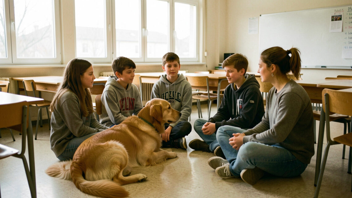 Petit groupe d’élèves assis en cercle avec un chien médiateur calme et sa conductrice dans une salle de classe lumineuse.