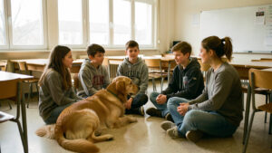 Petit groupe d’élèves assis en cercle avec un chien médiateur calme et sa conductrice dans une salle de classe lumineuse.