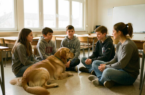 Petit groupe d’élèves assis en cercle avec un chien médiateur calme et sa conductrice dans une salle de classe lumineuse.