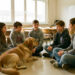 Petit groupe d’élèves assis en cercle avec un chien médiateur calme et sa conductrice dans une salle de classe lumineuse.