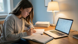 Une lycéenne révise ses examens à son bureau, entourée de cahiers ouverts et d’un ordinateur affichant une interface abstraite d’intelligence artificielle.
