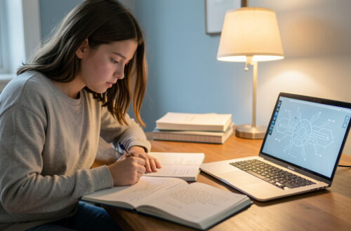 Une lycéenne révise ses examens à son bureau, entourée de cahiers ouverts et d’un ordinateur affichant une interface abstraite d’intelligence artificielle.