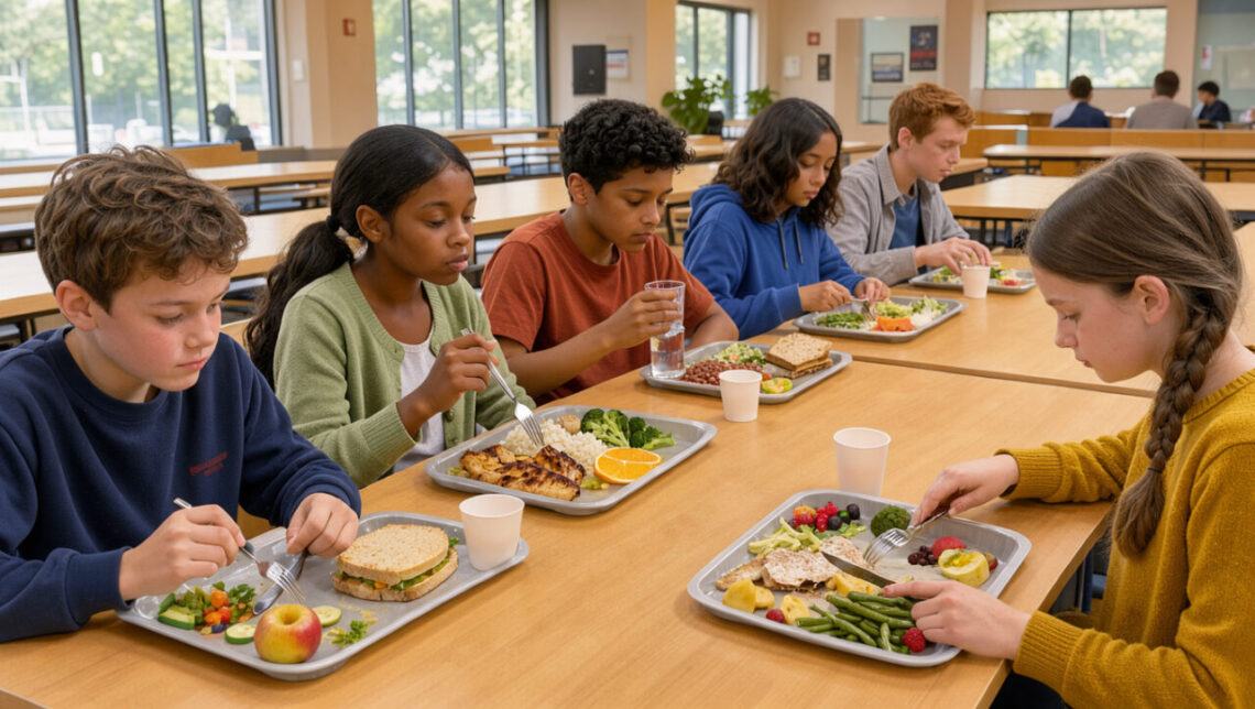 Des collégiens et des collégiennes prennent calmement un repas équilibré dans un restaurant scolaire lumineux.
