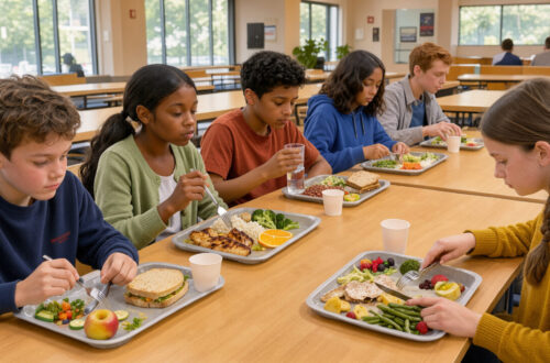 Des collégiens et des collégiennes prennent calmement un repas équilibré dans un restaurant scolaire lumineux.