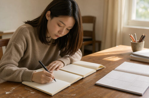 Jeune femme concentrée étudiant à un bureau organisé, entourée de cahiers ouverts et d’un calendrier de révision vierge, éclairée par la lumière naturelle.