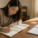 Jeune femme concentrée étudiant à un bureau organisé, entourée de cahiers ouverts et d’un calendrier de révision vierge, éclairée par la lumière naturelle.