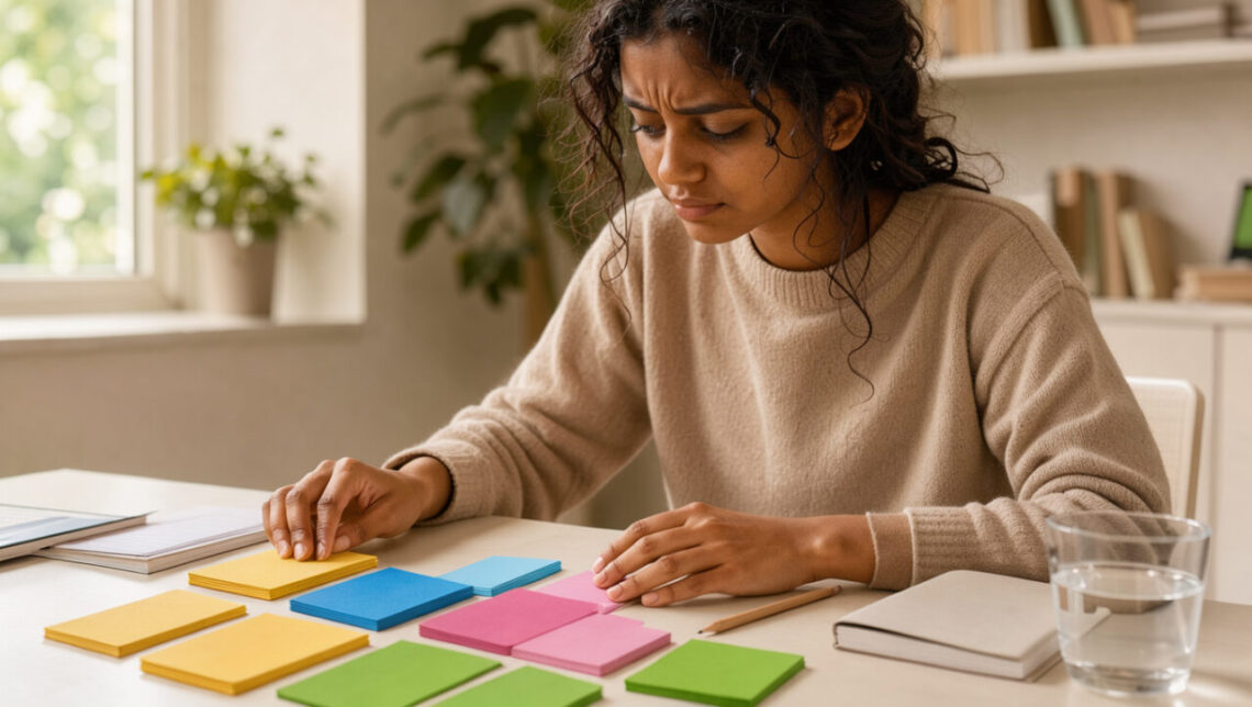 Une jeune étudiante concentrée organise des fiches de révision colorées sur un bureau lumineux.