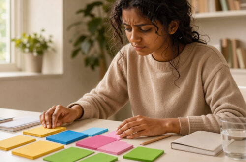 Une jeune étudiante concentrée organise des fiches de révision colorées sur un bureau lumineux.