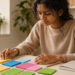 Une jeune étudiante concentrée organise des fiches de révision colorées sur un bureau lumineux.