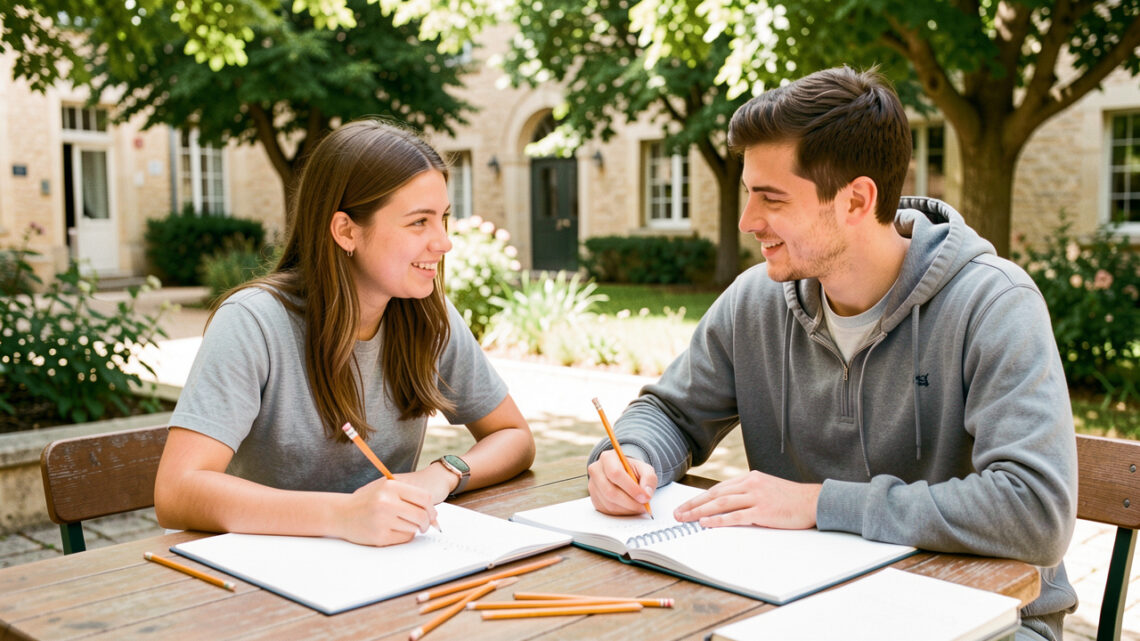 Deux étudiants, une jeune femme et un jeune homme, travaillent ensemble sur un campus lumineux d’Agen, avec des cahiers ouverts et des crayons sur une table.