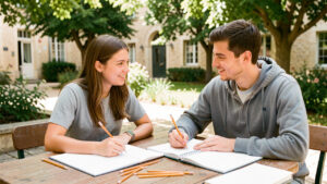 Deux étudiants, une jeune femme et un jeune homme, travaillent ensemble sur un campus lumineux d’Agen, avec des cahiers ouverts et des crayons sur une table.