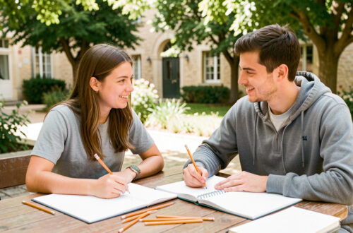 Deux étudiants, une jeune femme et un jeune homme, travaillent ensemble sur un campus lumineux d’Agen, avec des cahiers ouverts et des crayons sur une table.