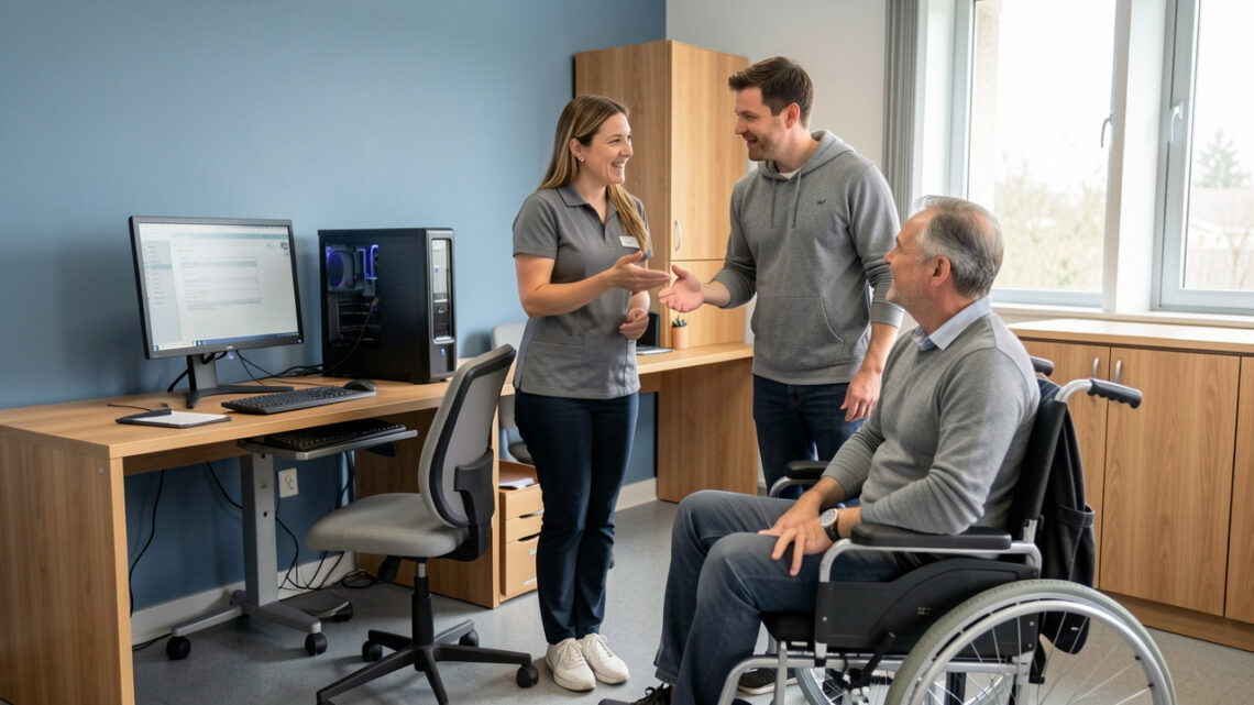 Une formatrice accueille chaleureusement un homme adulte en situation de handicap dans une salle de formation accessible équipée d’une rampe et d’un ordinateur adapté.