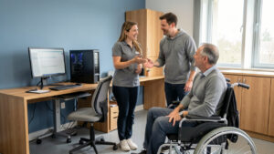 Une formatrice accueille chaleureusement un homme adulte en situation de handicap dans une salle de formation accessible équipée d’une rampe et d’un ordinateur adapté.