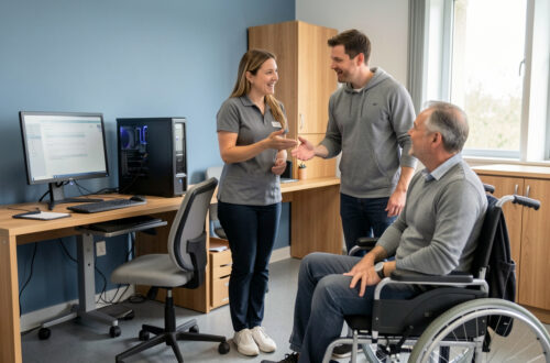 Une formatrice accueille chaleureusement un homme adulte en situation de handicap dans une salle de formation accessible équipée d’une rampe et d’un ordinateur adapté.