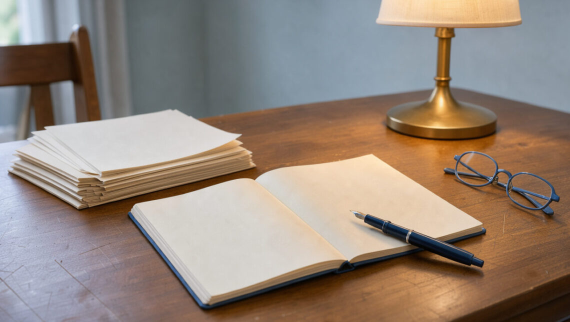 Bureau soigneusement organisé avec un carnet ouvert aux pages vierges, un stylo-plume, des feuilles sans inscriptions et une lampe chaleureuse, évoquant la préparation d’un concours d’écriture.