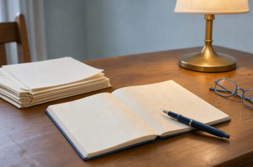Bureau soigneusement organisé avec un carnet ouvert aux pages vierges, un stylo-plume, des feuilles sans inscriptions et une lampe chaleureuse, évoquant la préparation d’un concours d’écriture.